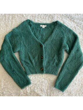 Whimsical Green Fuzzy Eyelash Knit Cropped Cardigan Sweater - Large